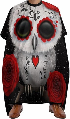 Extra Long Professional Salon Cape - Haircut Apron Cute Red Day of Dead Sugar-Skull Owl On Branch Art Hair-Cutting Gown for Styling Hair Cut Hairdresser