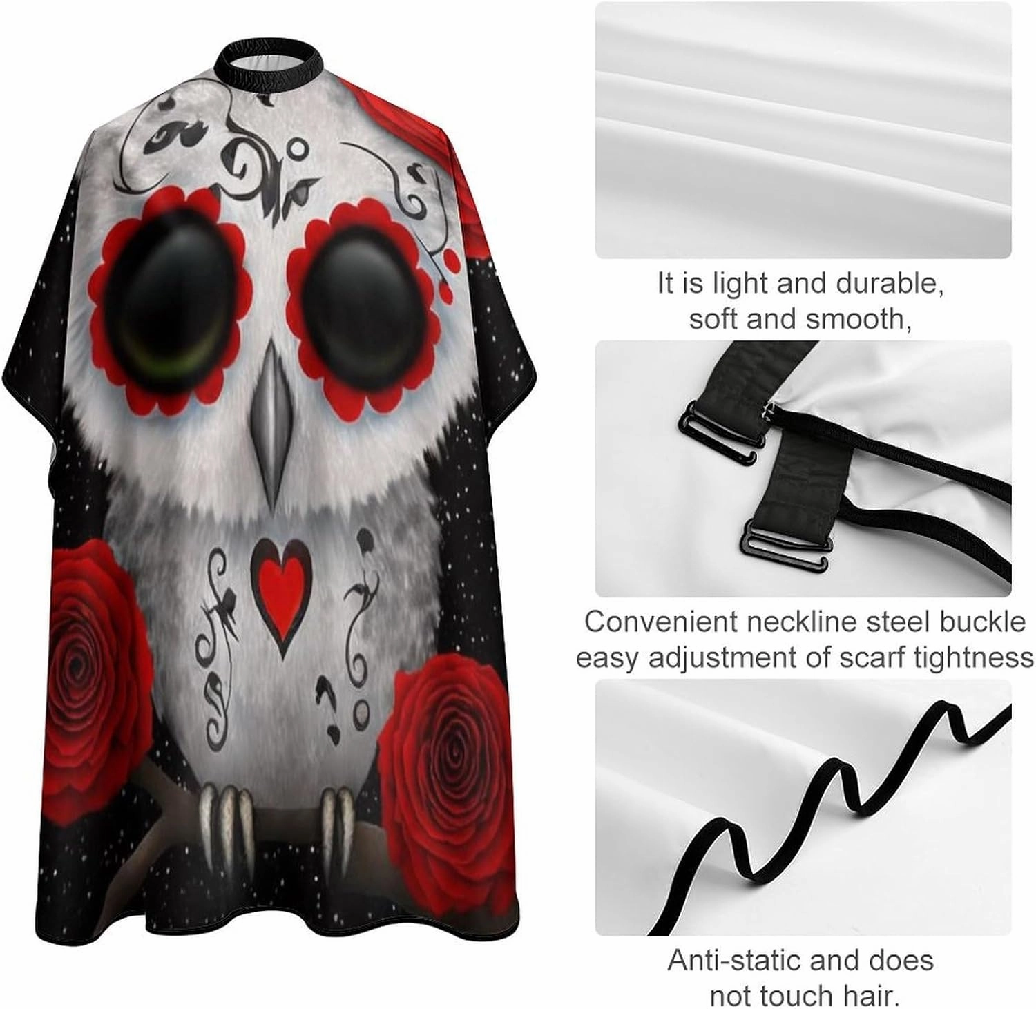 Extra Long Professional Salon Cape - Haircut Apron Cute Red Day of Dead Sugar-Skull Owl On Branch Art Hair-Cutting Gown for Styling Hair Cut Hairdresser