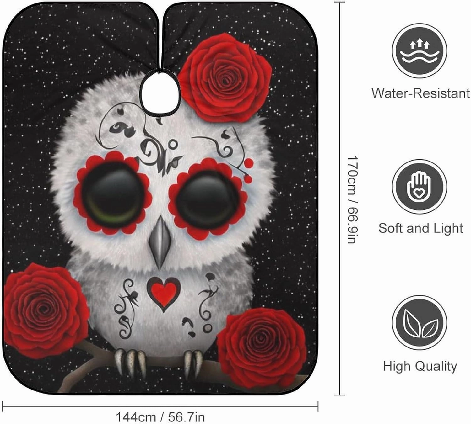 Extra Long Professional Salon Cape - Haircut Apron Cute Red Day of Dead Sugar-Skull Owl On Branch Art Hair-Cutting Gown for Styling Hair Cut Hairdresser