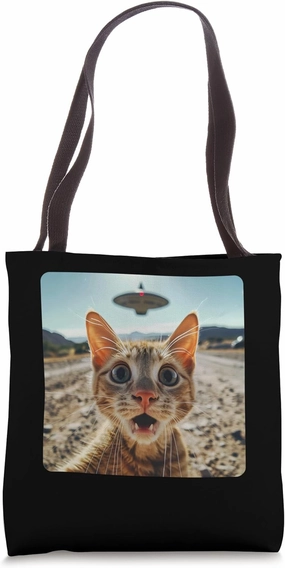 Extraterrestrial Encounter: Cat Selfie with Alien UFO Tote Bag