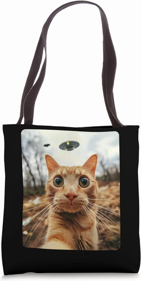 Extraterrestrial Encounter: Cat Selfie with Alien UFO Tote Bag