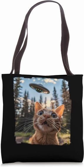 Extraterrestrial Encounter: Cat Selfie with Alien UFO Tote Bag