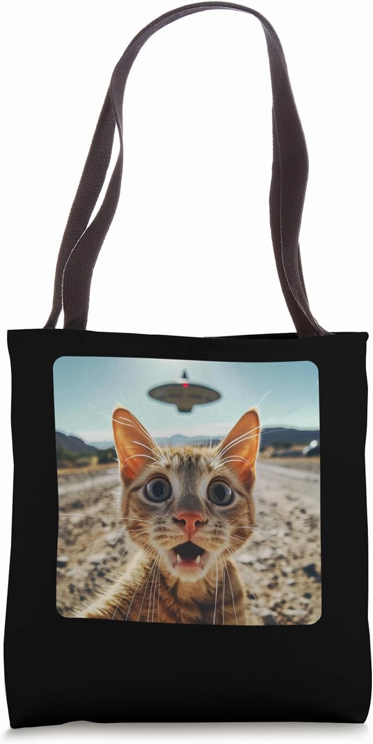 Extraterrestrial Encounter: Cat Selfie with Alien UFO Tote Bag