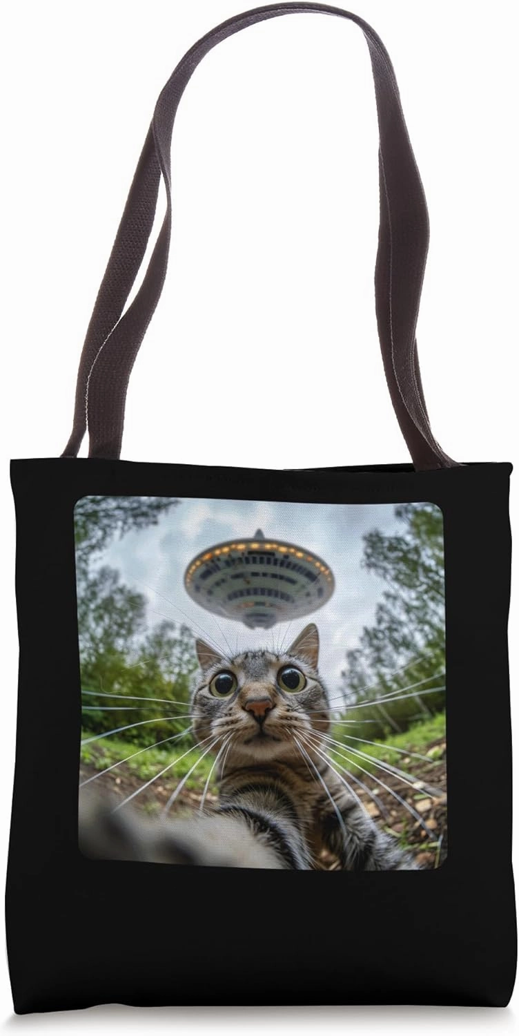 Extraterrestrial Encounter: Cat Selfie with Alien UFO Tote Bag