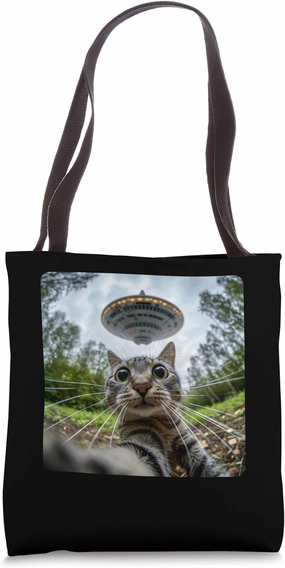 Extraterrestrial Encounter: Cat Selfie with Alien UFO Tote Bag