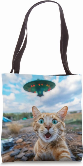 Extraterrestrial Encounter: Cat Selfie with UFO Tote Bag