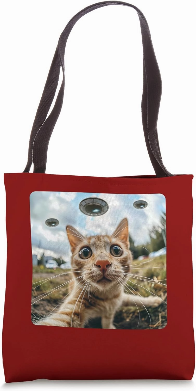 Extraterrestrial Encounter: Cat Selfie with UFO Tote Bag