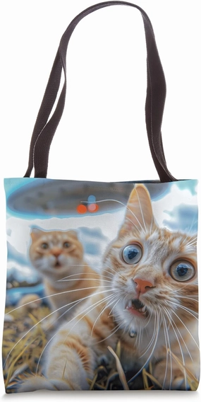Extraterrestrial Encounter: Cat Selfie with UFO Tote Bag