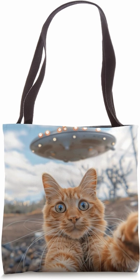 Extraterrestrial Encounter: Cat Selfie with UFO Tote Bag