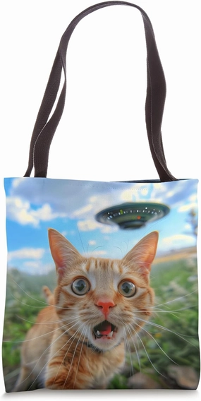 Extraterrestrial Encounter: Cat Selfie with UFO Tote Bag