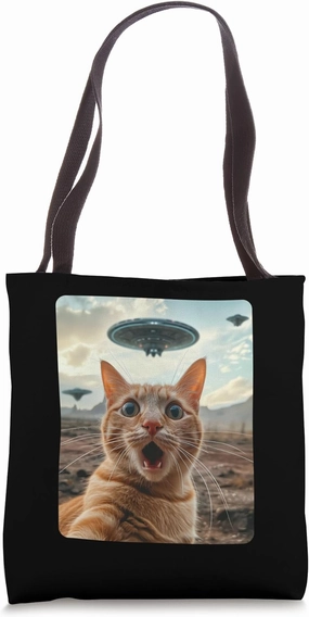 Extraterrestrial Encounter: Cat Selfie with UFO Tote Bag