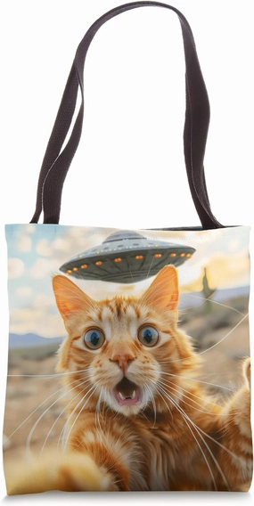 Extraterrestrial Encounter: Cat Selfie with UFO Tote Bag