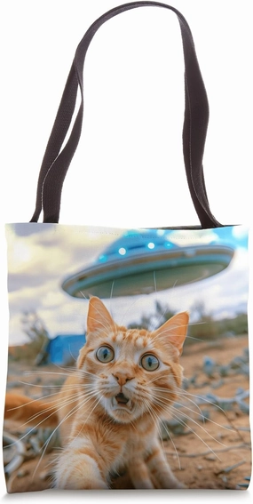 Extraterrestrial Encounter: Cat Selfie with UFO Tote Bag
