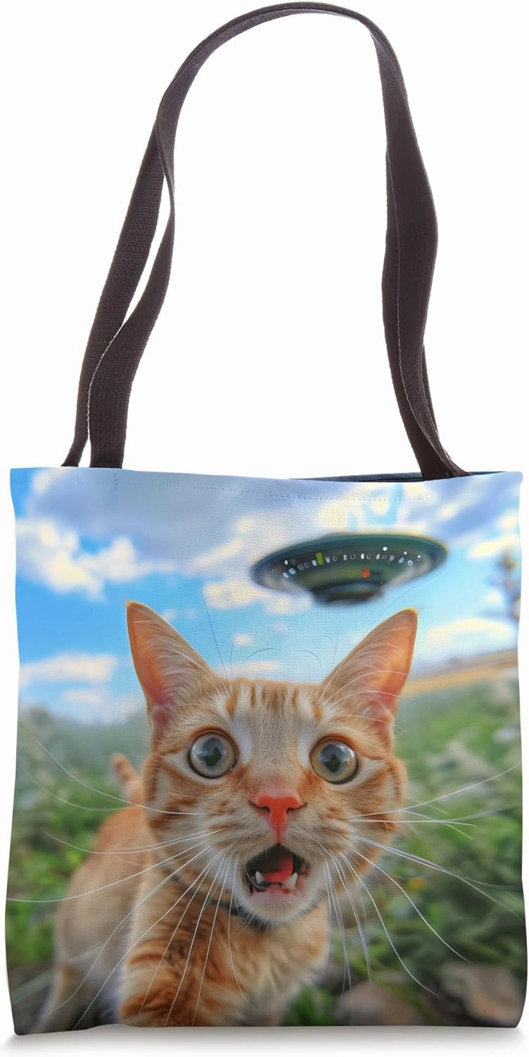 Extraterrestrial Encounter: Cat Selfie with UFO Tote Bag