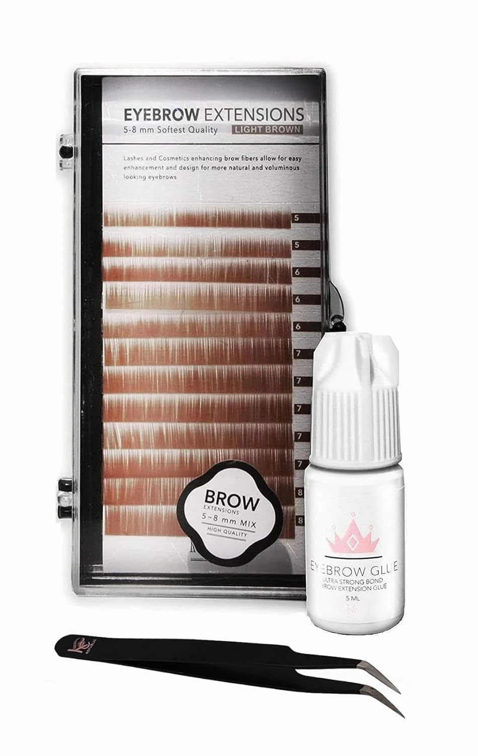 Eyebrow Extensions Kit with 1 x Trays of Mink Eyebrows in Blonde/Light Brown Comes on Mixed Length Trays 5-8 Mm Mix, Eyebrow Extension Glue Clear & Extension Tweezers by Kc Republic