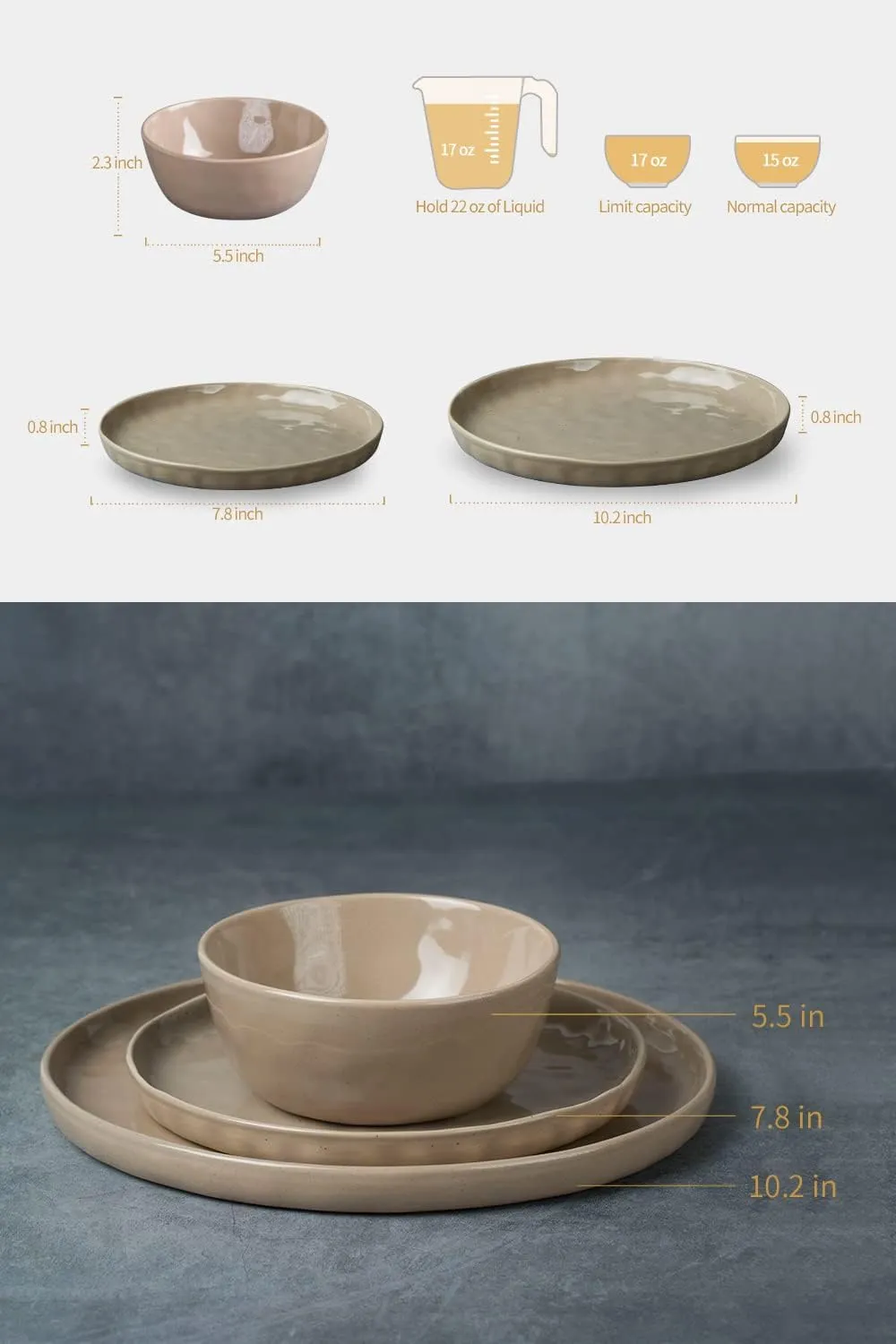 Famiware Mars Plates and Bowls Set, 12 Pieces Dinnerware Sets, Dishes Set for 4, Cinnamon Brown