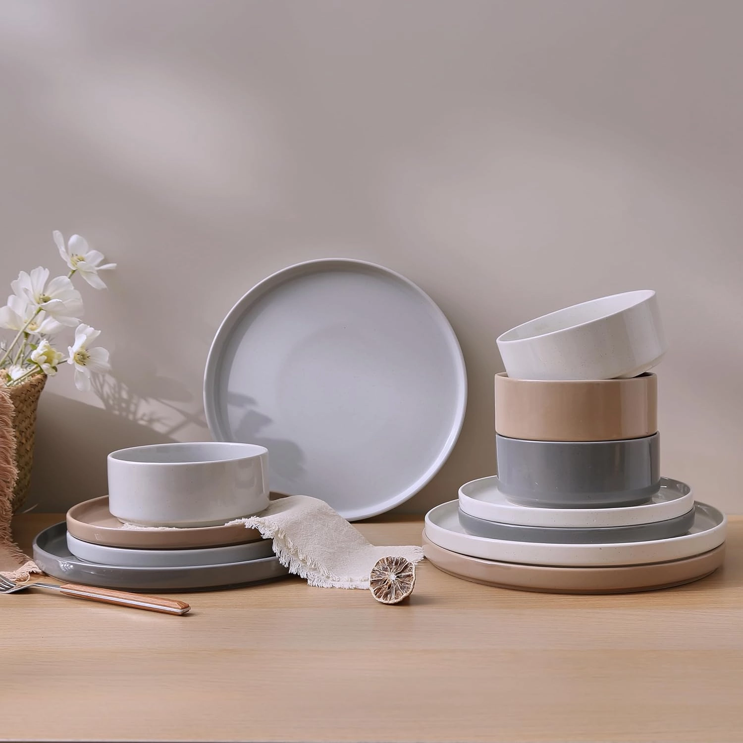 Famiware Nebula Plates and Bowls Set, 12 Pieces Dinnerware Sets, Dishes Set for 4, Multi-color