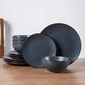Famiware Venus Ceramic Plates and Bowls Sets, Speckled Dinnerware Dish Sets for 4 (12 Pieces) - Microwave and Dishwasher Safe, Matte Charcoal