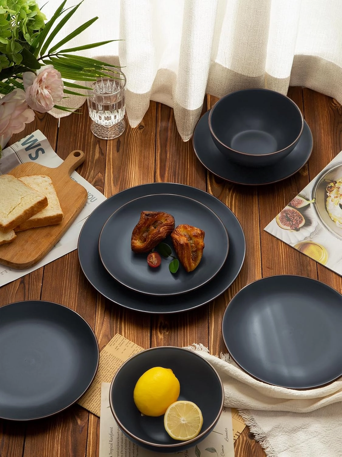 Famiware Venus Ceramic Plates and Bowls Sets, Speckled Dinnerware Dish Sets for 4 (12 Pieces) - Microwave and Dishwasher Safe, Matte Charcoal