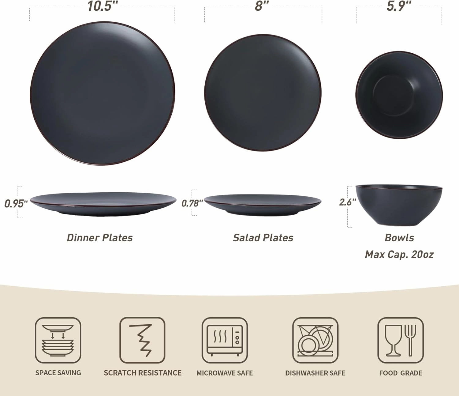 Famiware Venus Ceramic Plates and Bowls Sets, Speckled Dinnerware Dish Sets for 4 (12 Pieces) - Microwave and Dishwasher Safe, Matte Charcoal