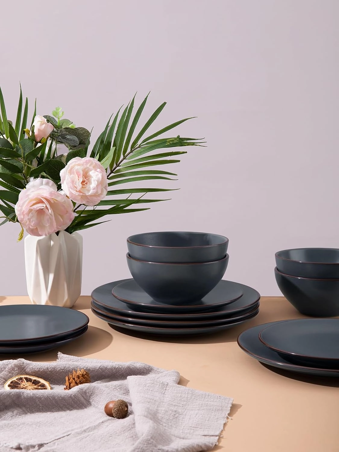 Famiware Venus Ceramic Plates and Bowls Sets, Speckled Dinnerware Dish Sets for 4 (12 Pieces) - Microwave and Dishwasher Safe, Matte Charcoal