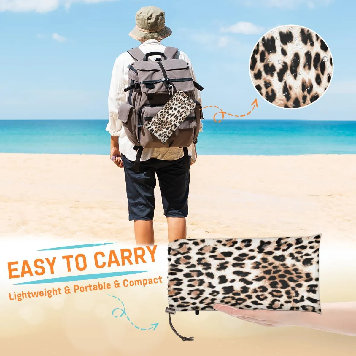 Fashion Leopard Skin Beach Blanket Adults Waterproof Sandproof Large Beach Mat 59”x 68” Compact Lightweight Picnic Blankets Portable Quick Drying Sand Free Mats for Travel Camping Hiking