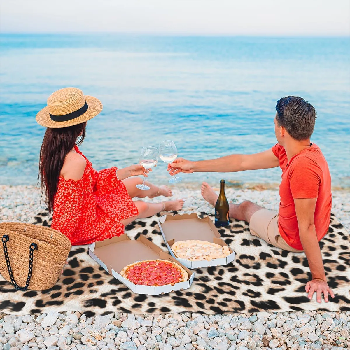 Fashion Leopard Skin Beach Blanket Adults Waterproof Sandproof Large Beach Mat 59”x 68” Compact Lightweight Picnic Blankets Portable Quick Drying Sand Free Mats for Travel Camping Hiking