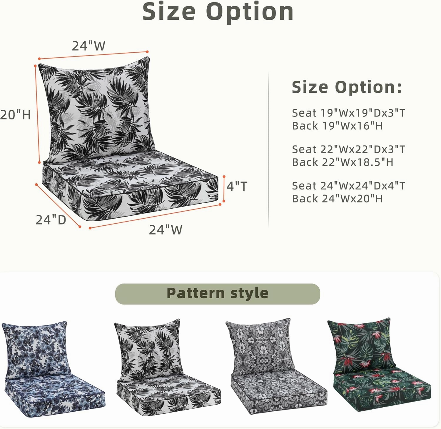 Favoyard Outdoor Seat Cushion 24 x 24 x 4 in Waterproof Pattern Fade Resistant Cover Removable Patio Furniture Cushions Deep Seat & Back Cushion Set with Adjustable Straps for Patio Chair Sofa Couch