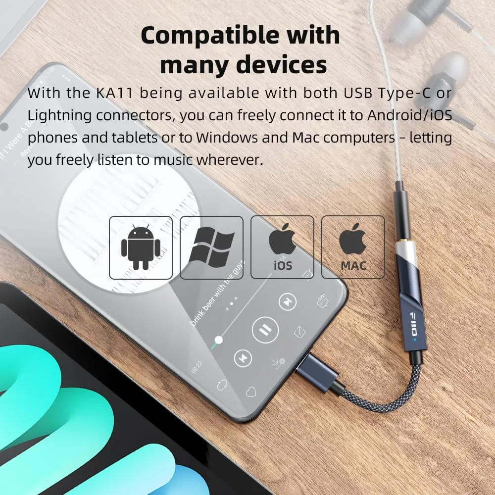 FiiO KA11 USB C to 3.5mm Audio Adapter 32bit/384KHz, USB Type C Dongle HiFi DAC Amplifier for Android/iOS/Windows/Mac (Silver, TC)