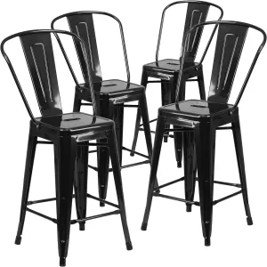 Flash Furniture Lily Commercial Grade 4 Pack 24" High Black Metal Indoor-Outdoor Counter Height Stool with Removable Back