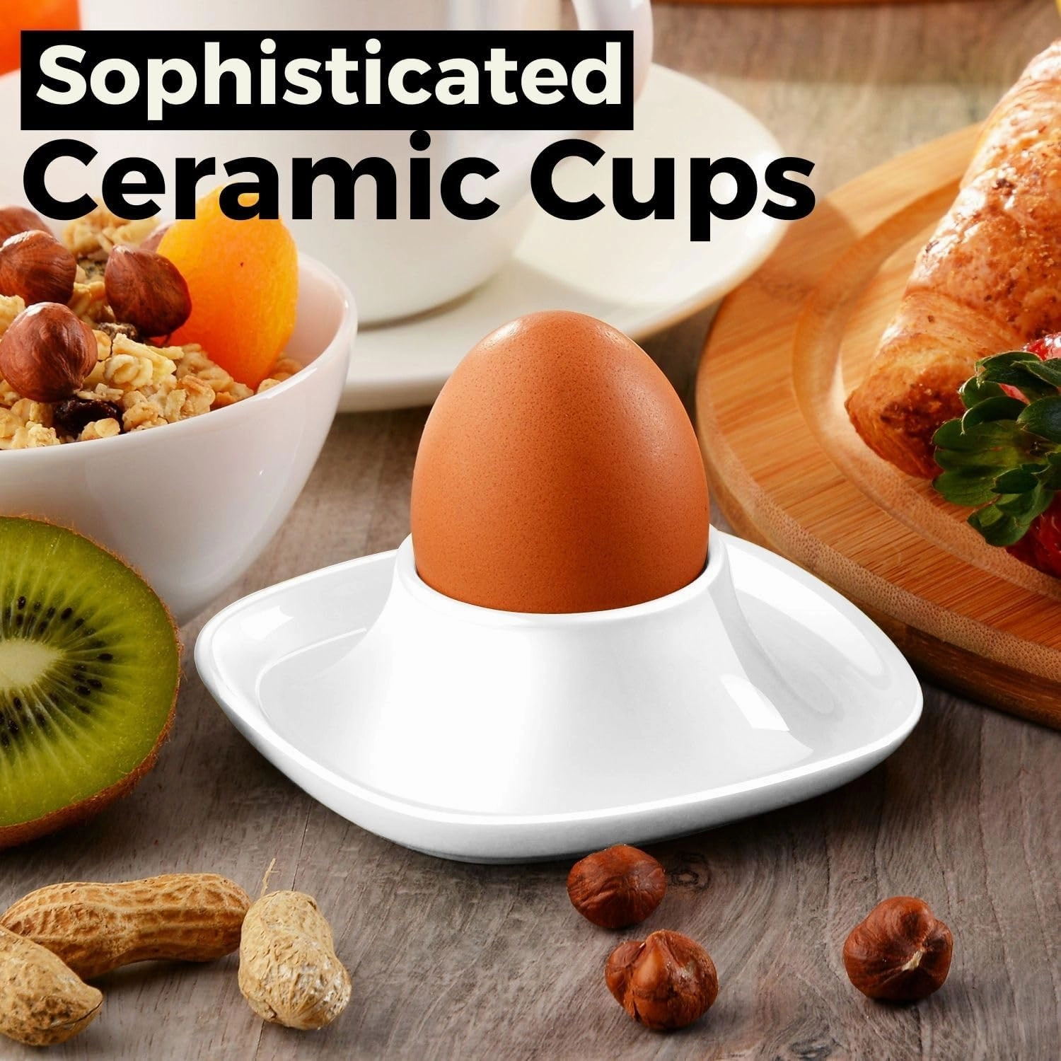 Flexzion Soft Boiled Egg Holder Set - Egg Cups for Soft Boiled Eggs British - Set of 6 Ceramic Egg Holder - Stackable Egg Coddler Cups with Base for Serving, Breakfast, Brunch, White