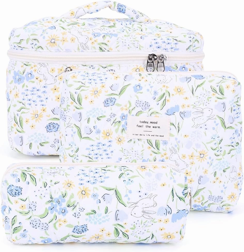 Floral Makeup Bag Set Cute Makeup Bag Small Quilted Makeup Bag Set Aesthetic Floral Travel Cosmetic Bag For Women Travel Toiletry Bag (Dark Blue Flower C)