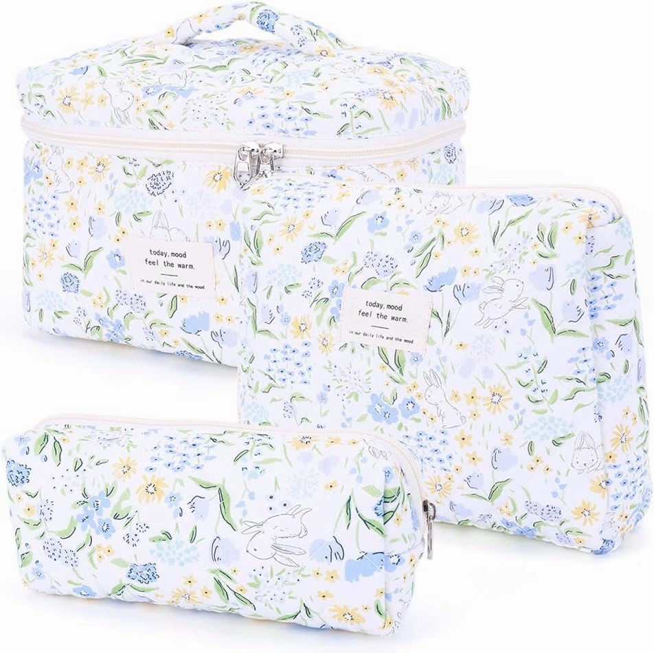 Floral Makeup Bag Set Cute Makeup Bag Small Quilted Makeup Bag Set Aesthetic Floral Travel Cosmetic Bag For Women Travel Toiletry Bag (Dark Blue Flower C)