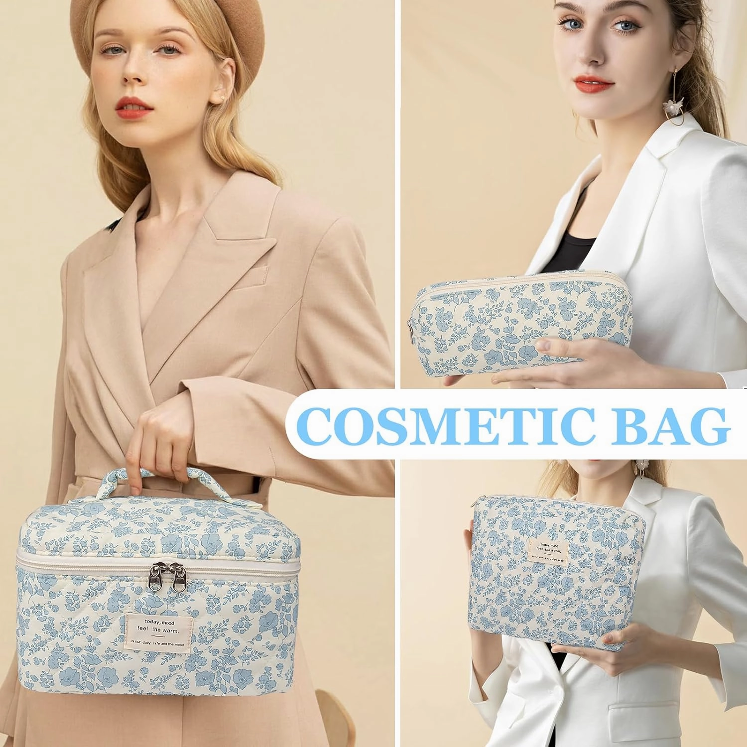 Floral Quilted Makeup Bag Set, 3 Sizes, Travel & Daily Use, Women's Cotton Cosmetic Bag