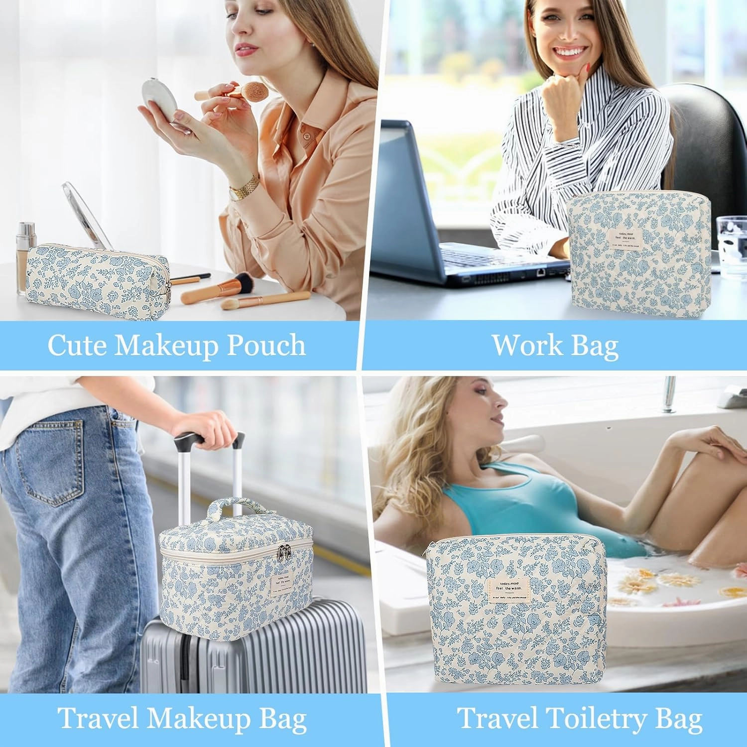 Floral Quilted Makeup Bag Set, 3 Sizes, Travel & Daily Use, Women's Cotton Cosmetic Bag