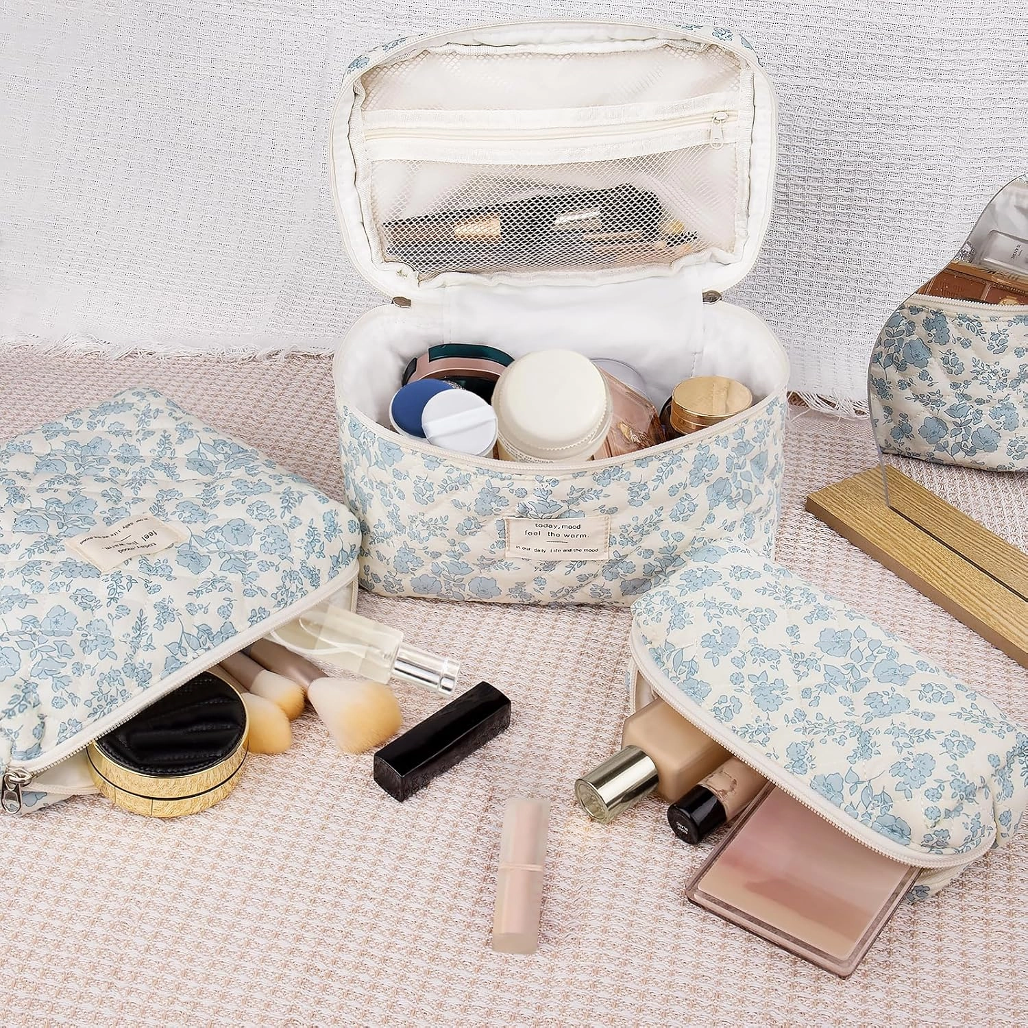 Floral Quilted Makeup Bag Set, 3 Sizes, Travel & Daily Use, Women's Cotton Cosmetic Bag