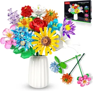 Flower Bouquet Building Set,980PCS Creative DIY Plant Bouquet Decoration,12 Artificial Flowers Botanical for Adults Women Girls Ages 6 ,Idea Gifts for Mother's Day, Birthdays, No Vase