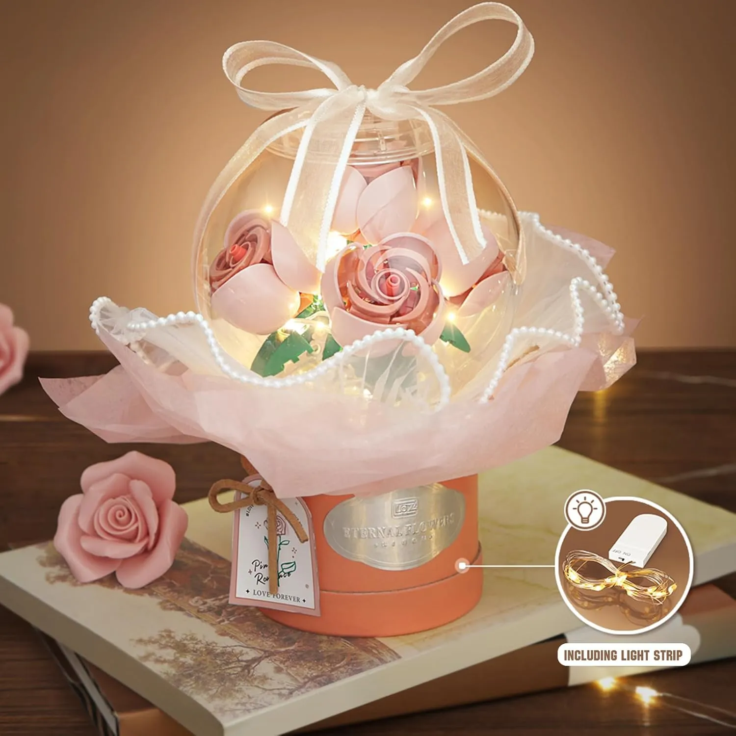 Flower Building Blocks Set with Dust-Proof Dome,Simulation Bouquet for Valentine's Day,Bonsai Building Bricks Toys,Home Decor (Pink)