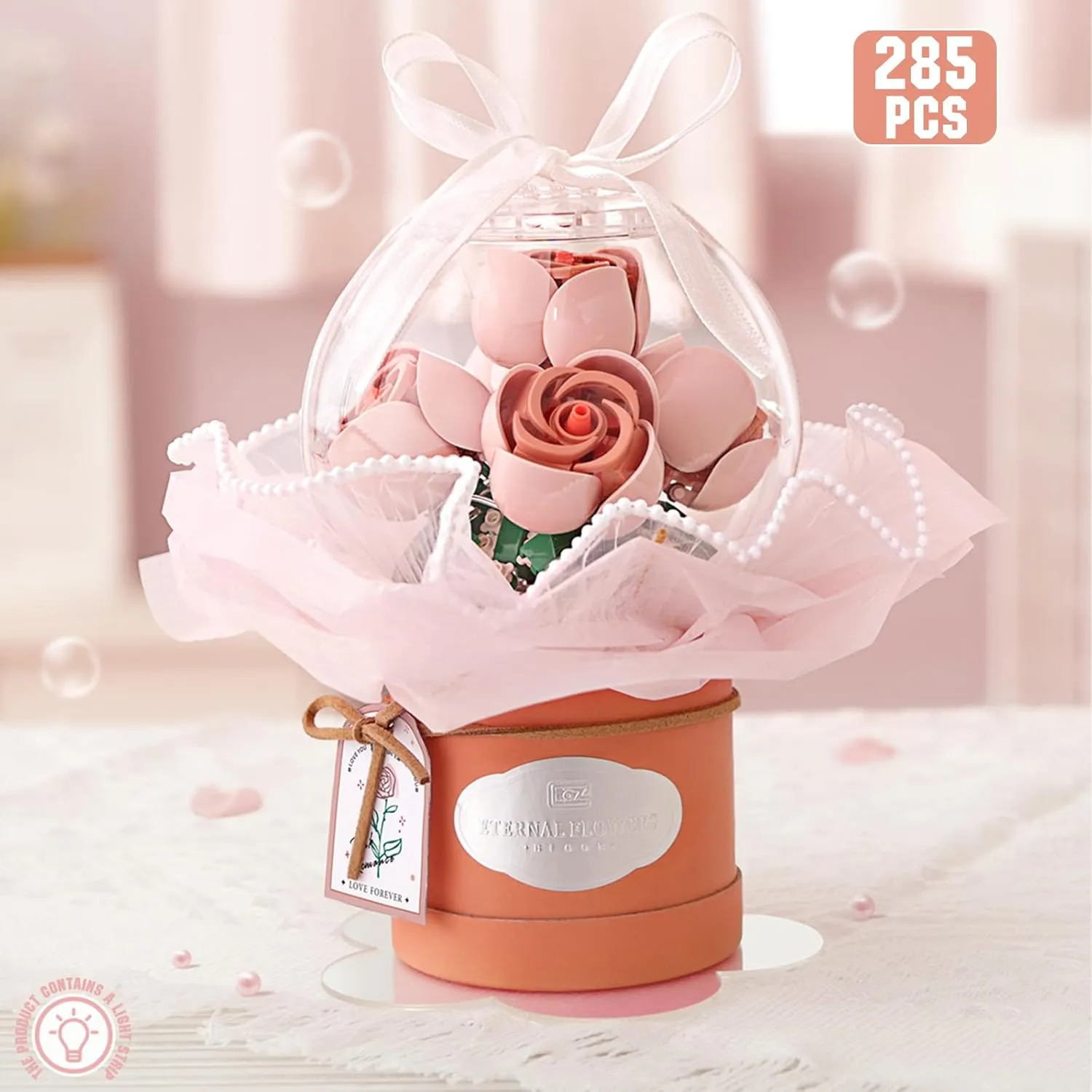 Flower Building Blocks Set with Dust-Proof Dome,Simulation Bouquet for Valentine's Day,Bonsai Building Bricks Toys,Home Decor (Pink)