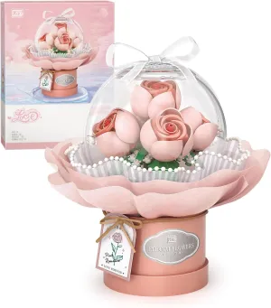 Flower Building Blocks Set with Dust-Proof Dome,Simulation Bouquet for Valentine's Day,Bonsai Building Bricks Toys,Home Decor (Pink)