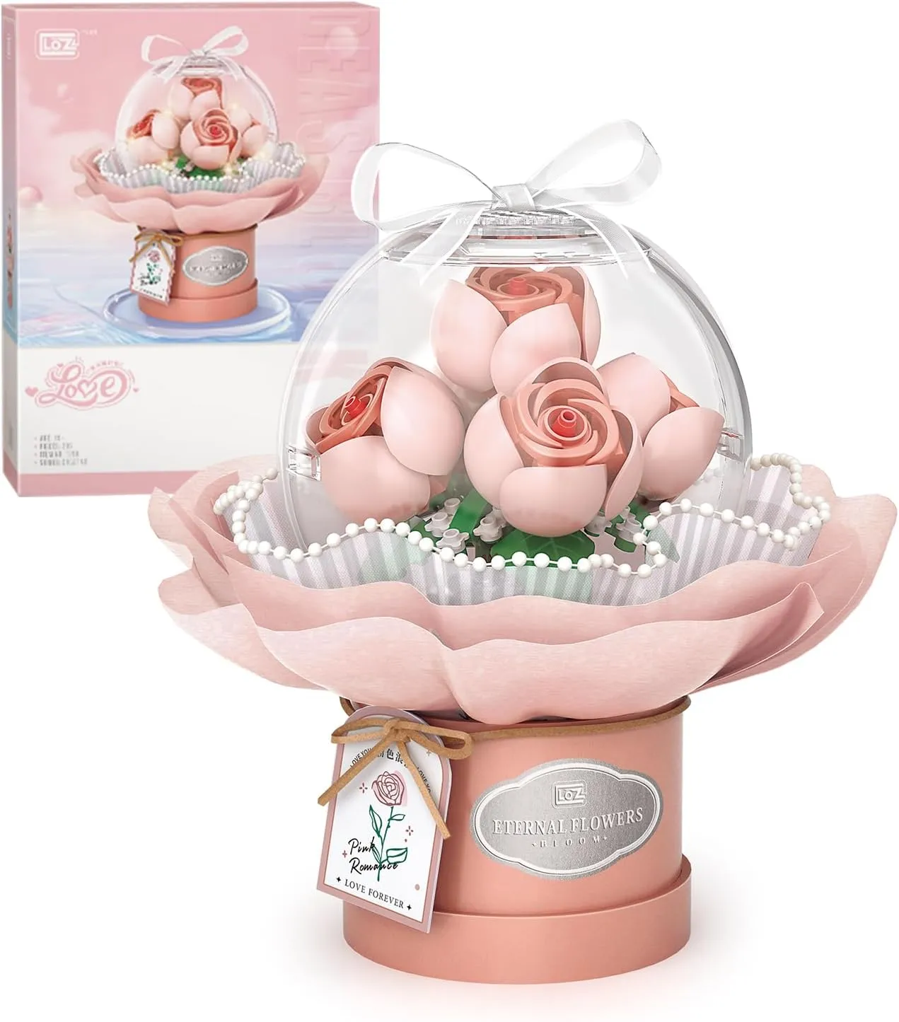 Flower Building Blocks Set with Dust-Proof Dome,Simulation Bouquet for Valentine's Day,Bonsai Building Bricks Toys,Home Decor (Pink)