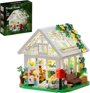 Flower House Building Set, Creative Garden Playset Toy with LED Light, Build a Greenhouse Model, Great Gift for Friends or Girls (597 Pieces)