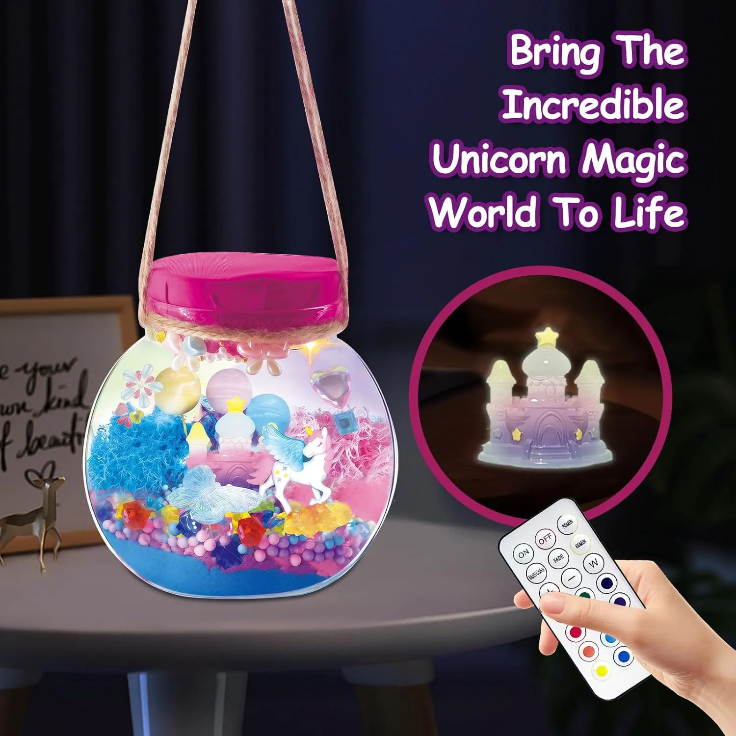 Fnylague Unicorn Terrarium Kit for Girls Light Up with Glow in The Dark Castle Age 6-8 8-10, Unicorn Craft Kits for Kids, Night Light Toys with Hanging Rope & Stickers.