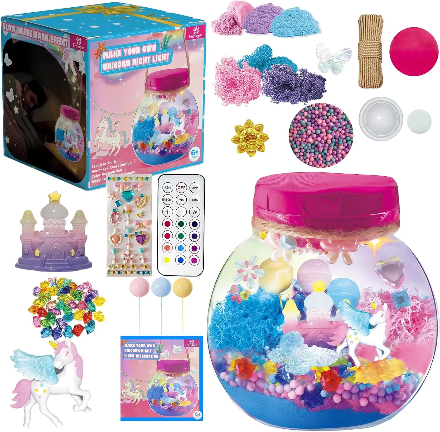 Fnylague Unicorn Terrarium Kit for Girls Light Up with Glow in The Dark Castle Age 6-8 8-10, Unicorn Craft Kits for Kids, Night Light Toys with Hanging Rope & Stickers.