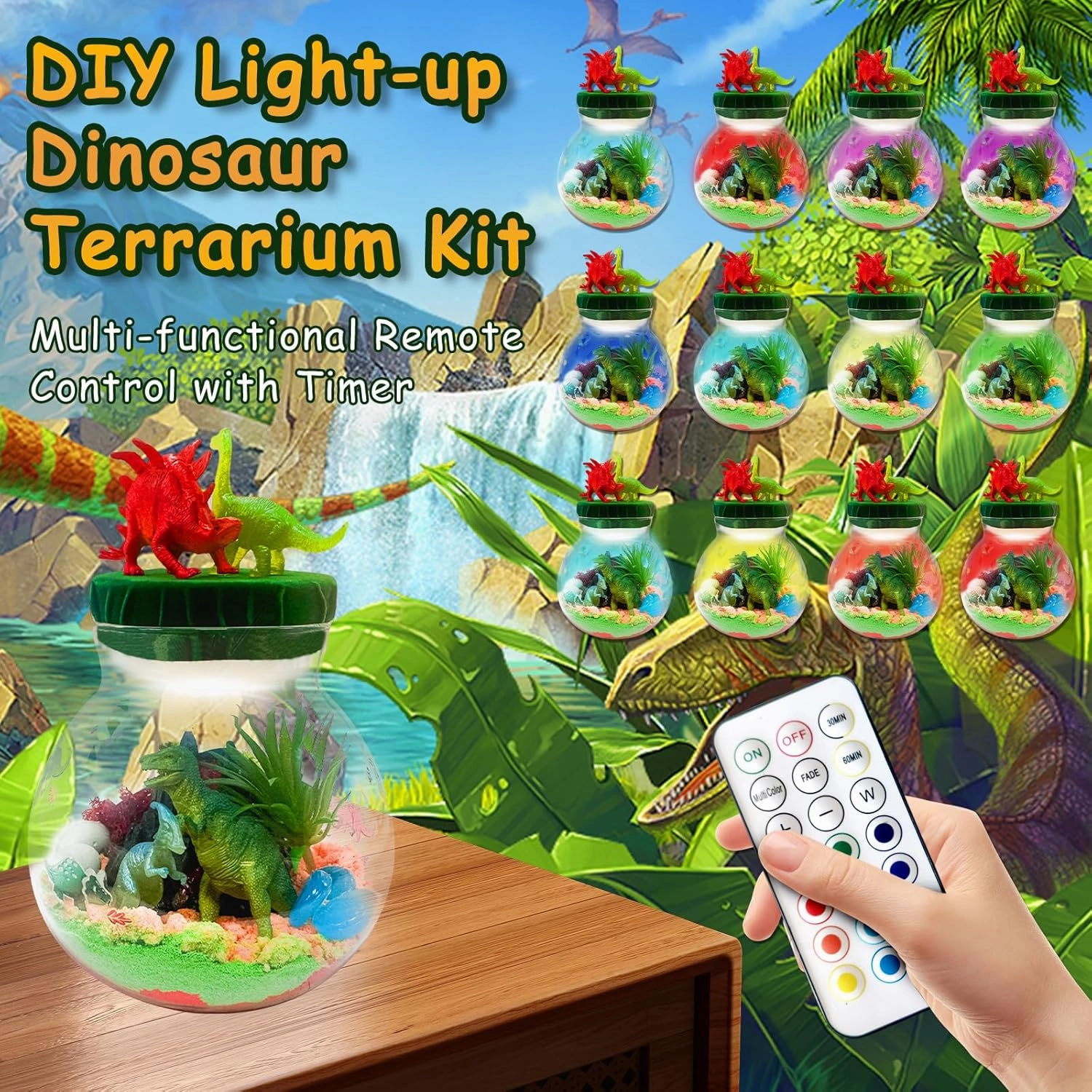 Fnylague Dinosaur Terrarium Kit for Kids-Light Up Dinosaur Habitat Craft Gift Toys for Boys with Glow in The Dark Dinosaurs, DIY Dino World Night Light with Hanging Rope & Stickers.