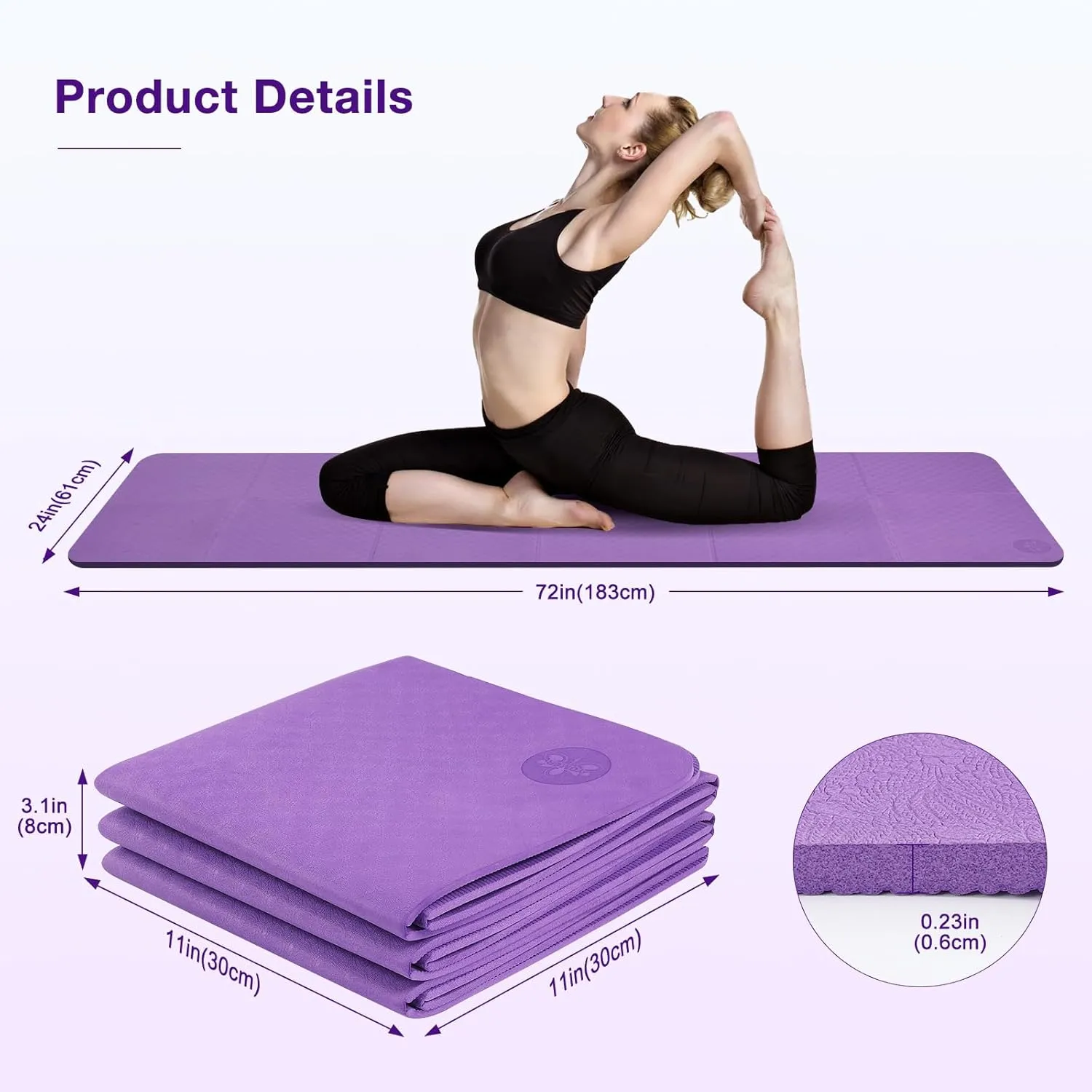 Foldable Travel Yoga Mat, 6mm TPE Pilates Mat & Yoga Mats, for Women Packable Lightweight Exercise Mat, Non Slip Folding Exercise Mat for Home Workout 72"x24"x 0.23 inch Thick