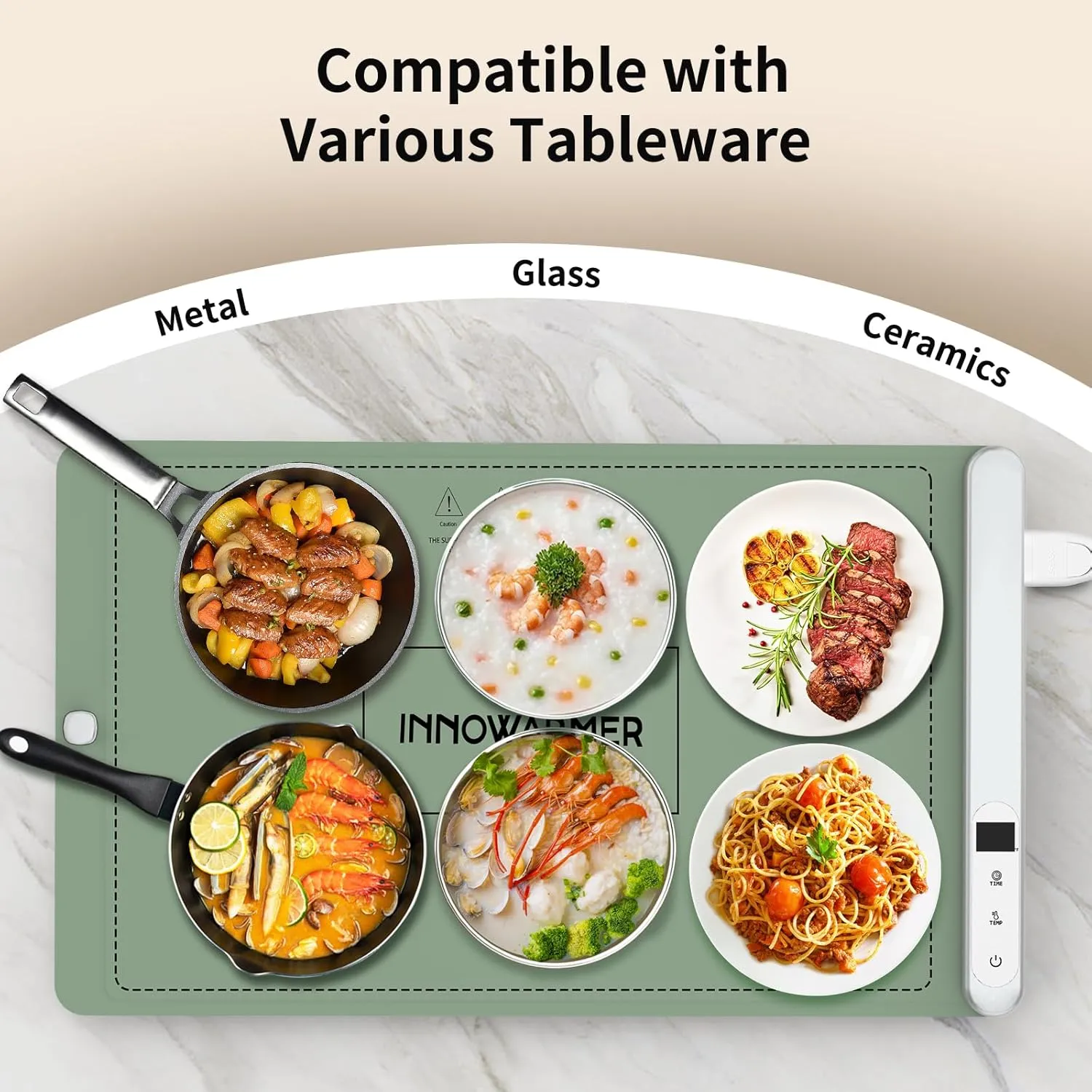 Food Warming Mat - Ugrade Graphene Full Surface Heating, 500W Fast Heating, Adjustable Temperature, Food Grade Silicone, Food Warmer for Gatherings, Parties, Travel, Daily Use (Green)