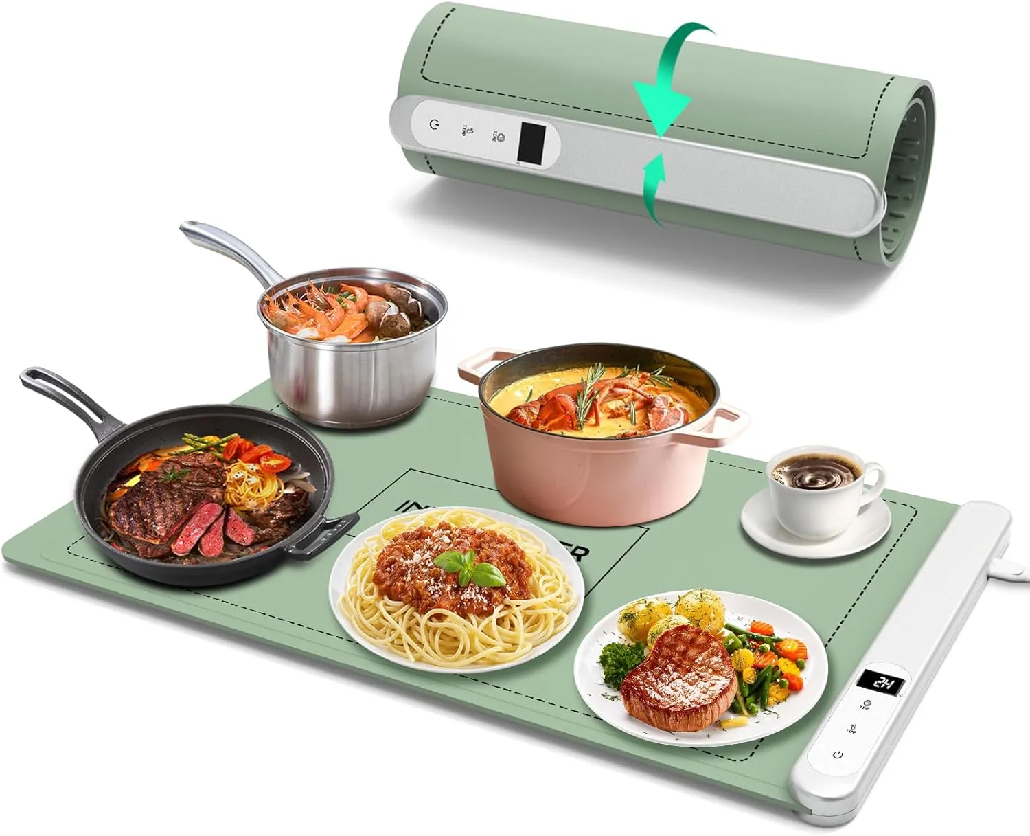 Food Warming Mat - Ugrade Graphene Full Surface Heating, 500W Fast Heating, Adjustable Temperature, Food Grade Silicone, Food Warmer for Gatherings, Parties, Travel, Daily Use (Green)