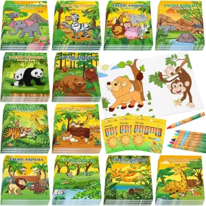 Fulmoon 144 Pcs Zoo Animals Coloring Book with Crayons Set for Kids Jungle Safari Coloring Books Bulk Party Favor for Kids Wild One Animals Birthday Goodie Bag DIY School Class Home Activity Supply