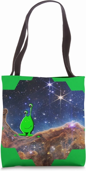 Funny JWST Carina Nebula hexagonal shape with Cute Alien Tote Bag